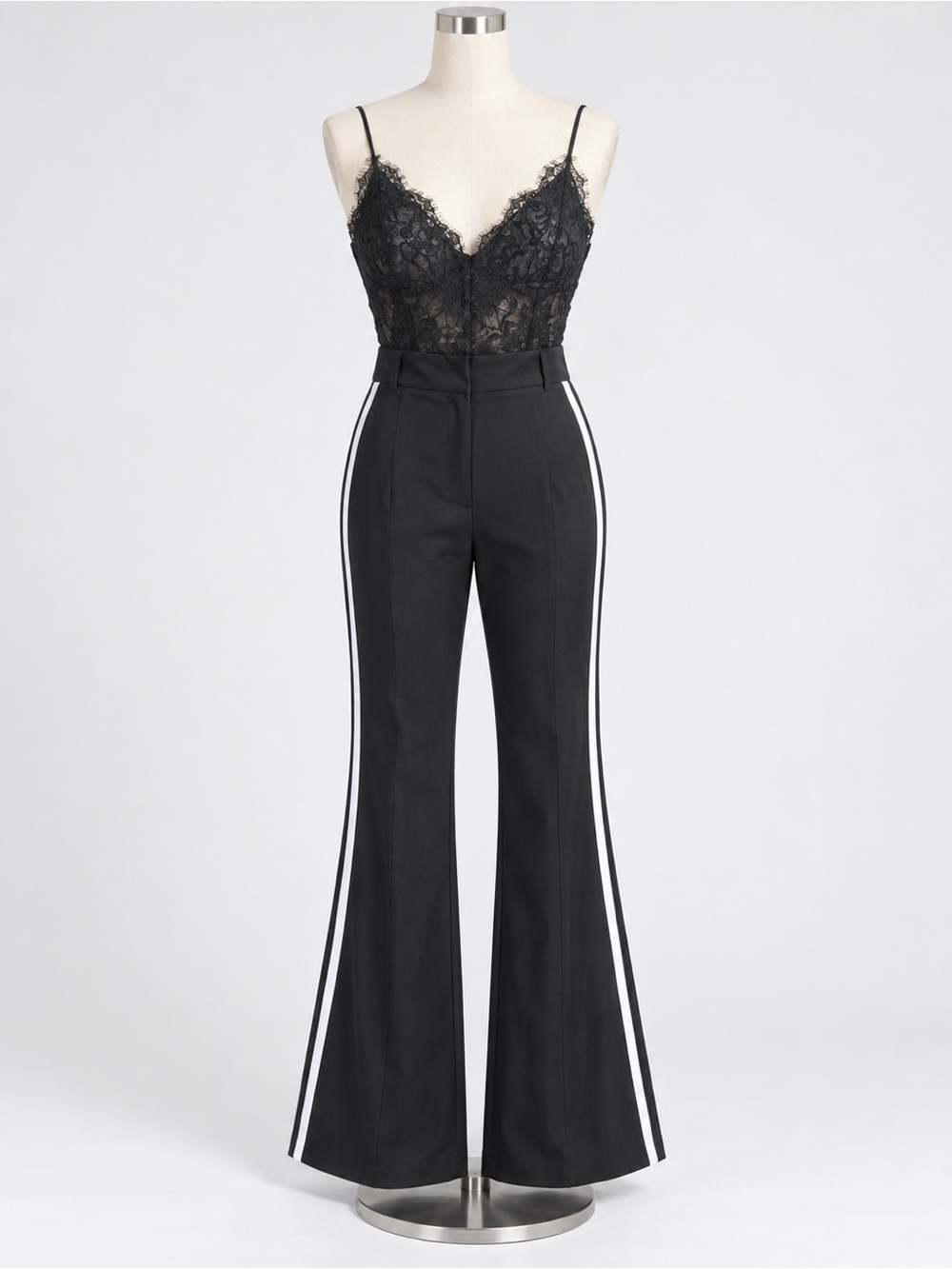 The Vintage Shop M Black Lace Bodice Flare Leg Jumpsuit White Side Stripe